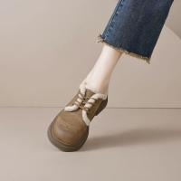 2024温暖冬日百搭舒适休闲复古圆头拼接字母玫瑰系带毛毛鞋