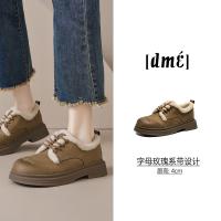 2024温暖冬日百搭舒适休闲复古圆头拼接字母玫瑰系带毛毛鞋