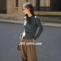 【抓毛弹力】2024年新品罗纹面料褶皱结构设计圆领长袖打底衫