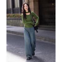 【草绿镂空领针织衫】2024冬圆领挂脖镂空设计修身长袖针织衫