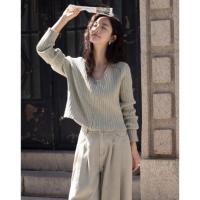 【卡其色休闲针织衫】2024冬V领开门襟拉链设计长袖针织衫女