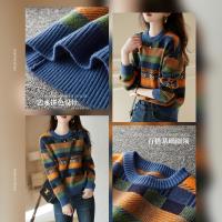 【拼色针织衫】冬季通勤圆领宽松落肩长袖微弹毛衣女秋冬