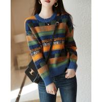 【拼色针织衫】冬季通勤圆领宽松落肩长袖微弹毛衣女秋冬