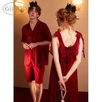 Gukoo/果壳睡裙女夏季红色网纱新款蝴蝶结吊带睡裙女士家居服B