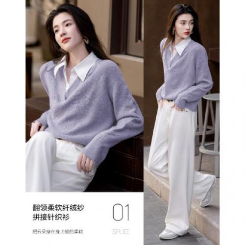【云朵线衫】春秋简约风通勤拼接翻领舒柔纤绒纱遮肉针织衫女上衣
