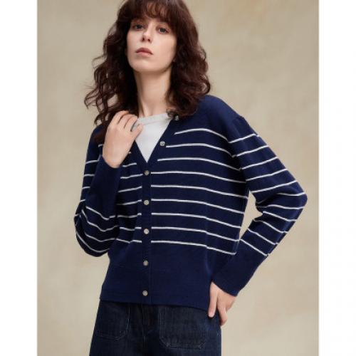 【桑蚕丝绵羊毛混纺】2026春设计感假两件条纹线衫撞色针织衫女上衣