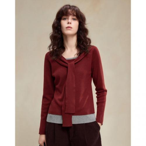 【懒人友好】2026春绵羊毛桑蚕丝混纺线衫假两件撞色披肩女式针织衫