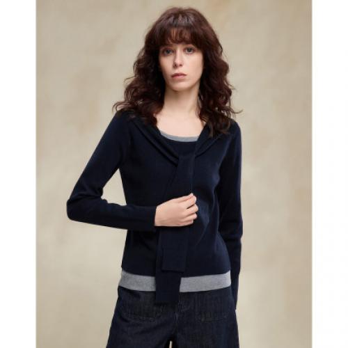 【懒人友好】2026春绵羊毛桑蚕丝混纺线衫假两件撞色披肩女式针织衫