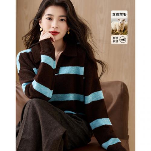 【海盐可露丽】冬季复古风撞色条纹翻领线衫含绵羊毛针织衫女上衣