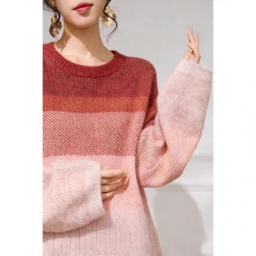 【落日霞光】冬季渐变拼色圆领线衫宽松含绵羊毛慵懒针织衫女上衣