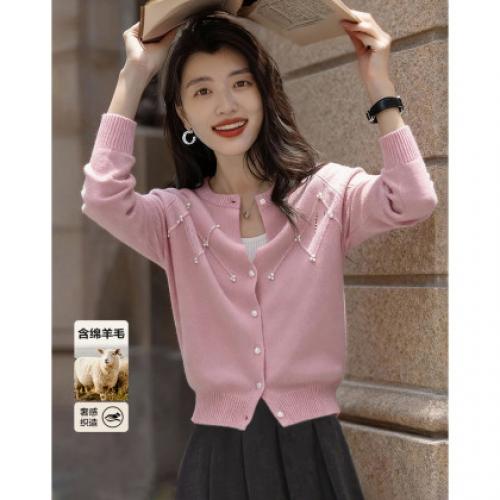 【奢感绵羊毛开衫】冬季菱形格提花钉珠线衫不挑身材针织衫女上衣