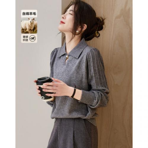 【含绵羊毛】冬季静奢风钉扣翻领泡泡袖线衫包容身材针织衫女上衣