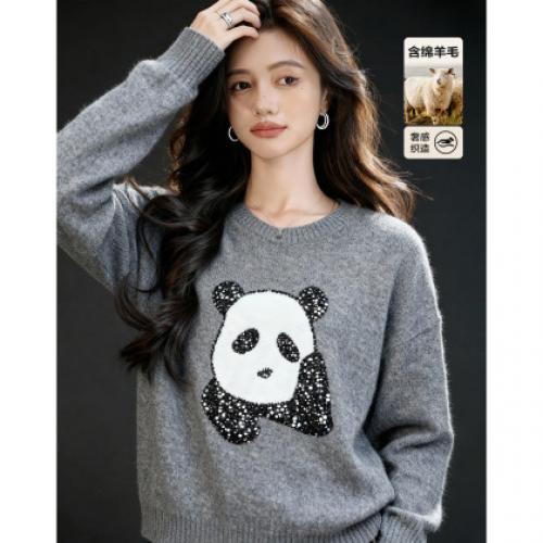 【含绵羊毛】冬季萌趣撞色动物提花线衫圆领罗纹宽松针织衫女上衣