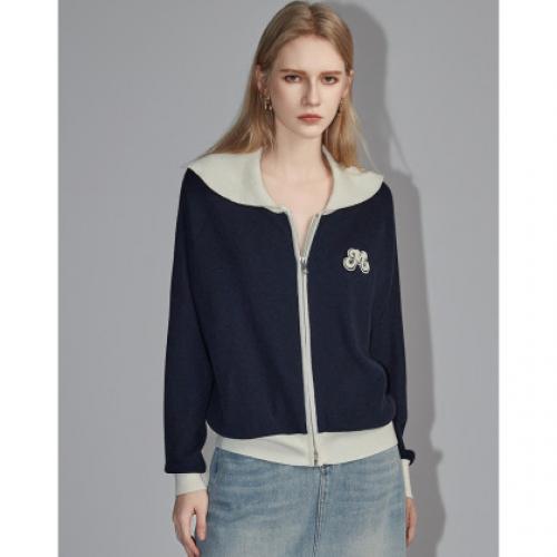 【法式高弹休闲针织衫】2025秋翻领撞色牙刷绣开衫女上衣