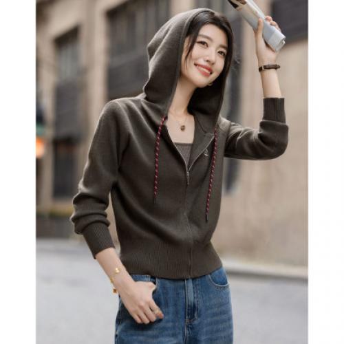 【卫衣式线衫】秋季韩风字母绣花连帽撞色帽绳纤绒纱针织衫女上衣