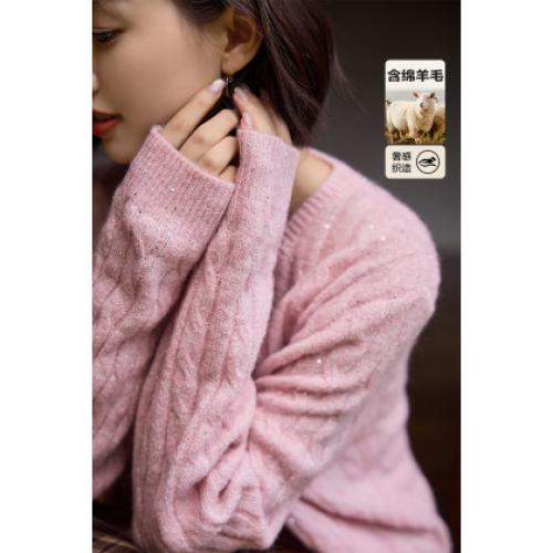 【含蓬松绵羊毛】秋季圆领绞花亮片线衫宽松藏肉小个子针织衫上衣