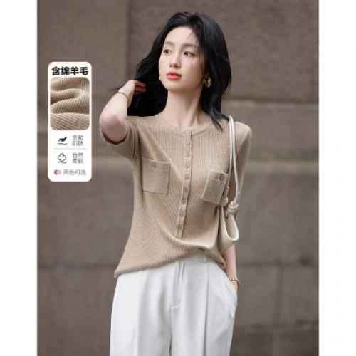 【含绵羊毛】夏季多巴胺双口袋线衫舒适贴肤短袖藏肉针织衫女上衣