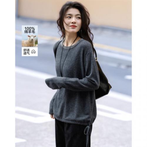 【静奢全绵羊毛】春秋轻熟烫钻圆领线衫慵懒舒适藏肉针织衫女上衣