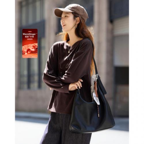 【220G暖姜绒保暖派】冬季简约圆领字母刺绣宽松藏肉女式t恤