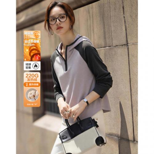 【玻尿酸抗菌远红外发热绒】冬季220G暖姜绒连帽拼接女式t恤