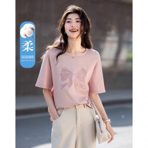 【面膜t恤】春季180G棉氨短袖t恤女刺绣蕾丝蝴蝶结女式t恤