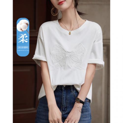 【面膜t恤】春季180G棉氨短袖t恤女刺绣蕾丝蝴蝶结女式t恤