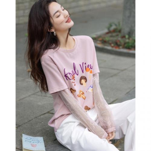 【马卡龙穿搭】夏季设计感假两件拼接打底衫印花云氧棉女式t恤