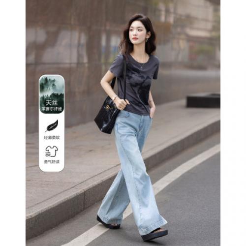 【210G罗纹天丝】夏季气质蝴蝶印花打底衫修身弹力遮肉女t恤