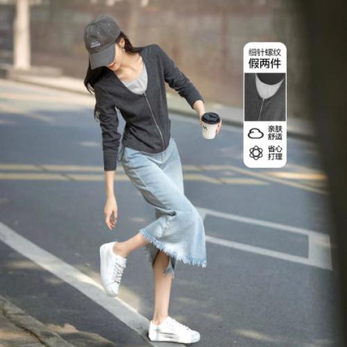 【时髦假两件拼色t恤】秋简约圆领舒适细针罗纹侧缝橡筋女式t恤