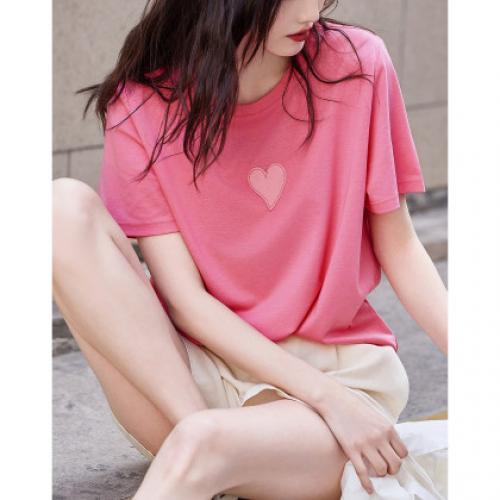 【半熟恋人】夏圆领棉氨舒适短袖t恤女爱心贴标装饰简约女式t恤
