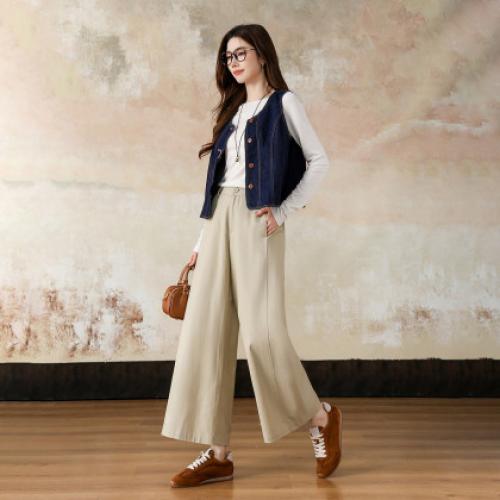 【磨毛100棉】2026春知性半松紧腰宽松九分裤小个子女式休闲裤