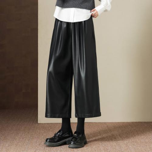 【纽扣调节脚口】冬季光泽感PU松紧高腰九分裤直筒宽松女休闲裤