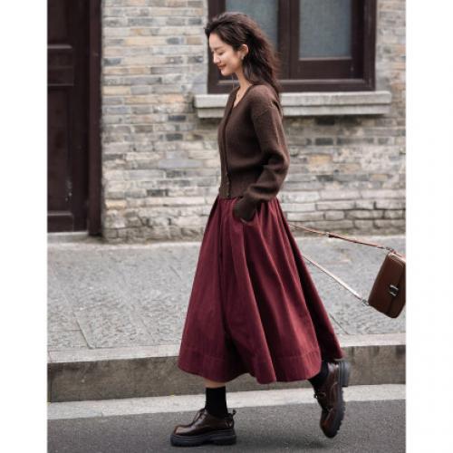 【酒红法式半身裙】秋装腰对称压褶利落长款半裙