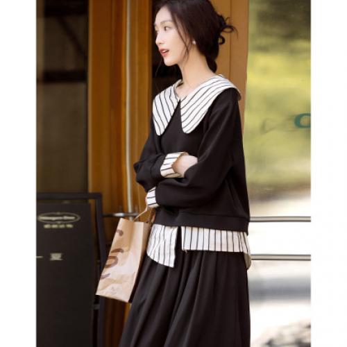 【学院派对】春季假两件大翻领350G空气层拼色卫衣女上衣