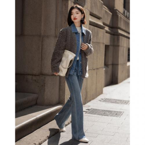 【雾港暖居】冬季假两件拼接牛仔翻领仿羊羔毛中长款女式外套