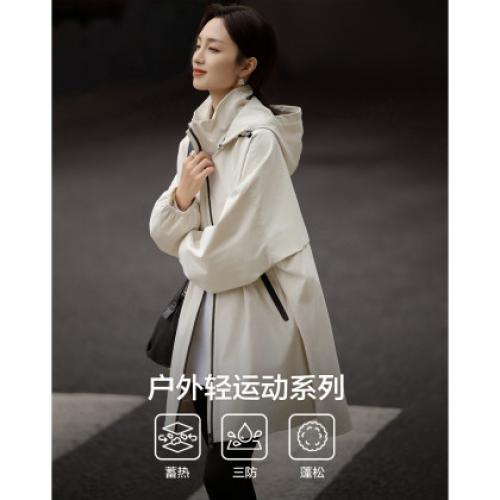 【三防黑科技】2026春户外可脱卸连帽撞色拉链宽松中长女式风衣外套