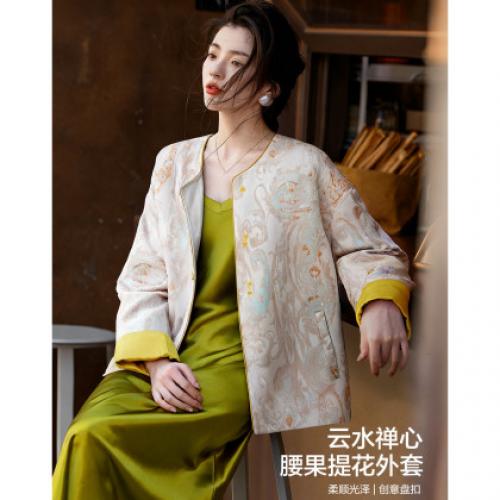 【云水禅心】2026春国风新中式腰果提花盘扣撞色小个子气质女式外套