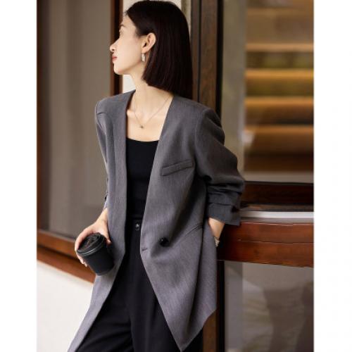 【静奢通勤】春秋时髦无领不对称翻边西装简约藏肉短西服女外套