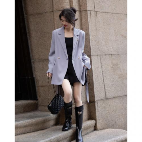 【设计感单侧双层领】春季通勤西装两粒扣长袖藏肉短款西服外套女