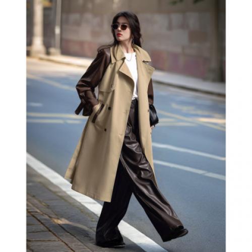 【从容的节奏】秋优雅时髦风度高支高密拼色好搭风衣女外套长款