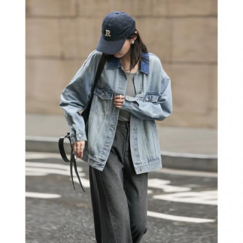 【与丹宁共自由】春季云感棉撞色小翻领分割宽松藏肉女式牛仔外套