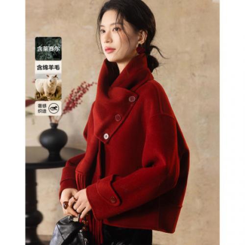 【绵羊毛莱赛尔混纺】冬季都市可脱卸围巾V领箱型宽松双面呢大衣