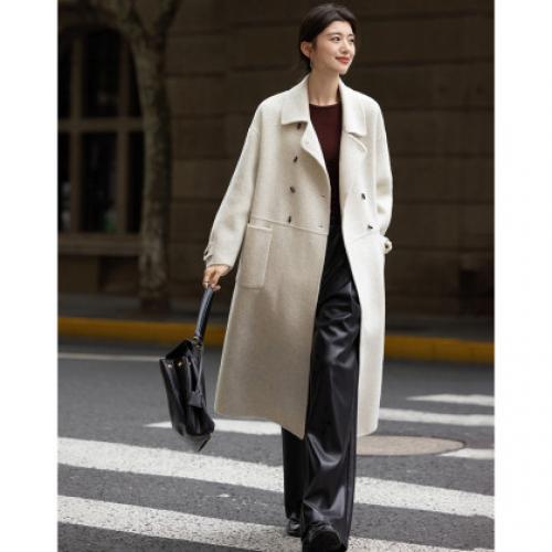 【奢享绵羊毛】冬季双排扣翻领大衣宽松设计感中长款女式毛呢外套