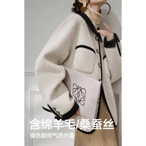 【轻奢绵羊毛双面呢】冬季都市名媛撞色尖翻领宽松短款气质女外套