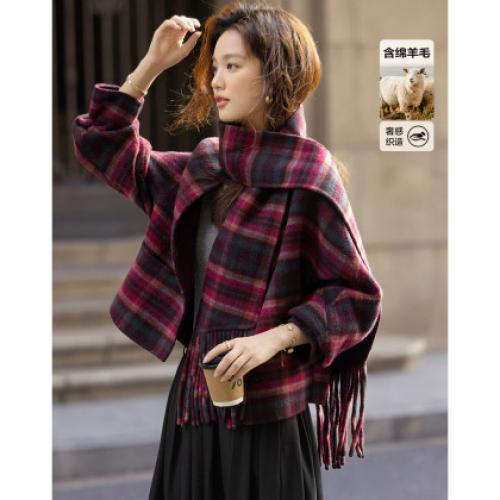 【奢感绵羊毛双面呢】冬季韩风流苏围巾格纹复古小个子藏肉女外套
