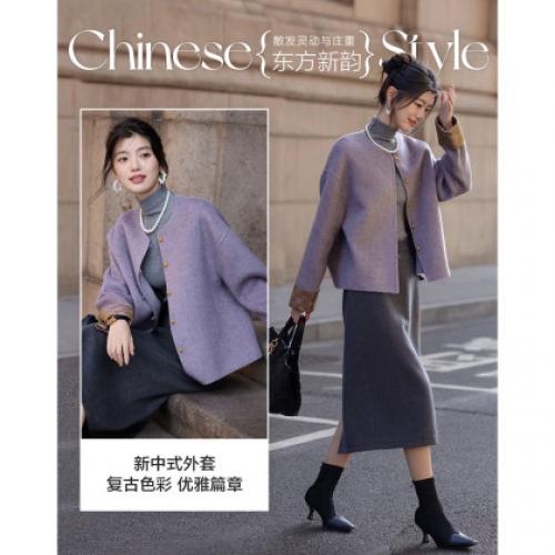 【桑蚕丝绵羊毛混纺双面呢】冬季国风新中式对襟撞色扣宽松女外套