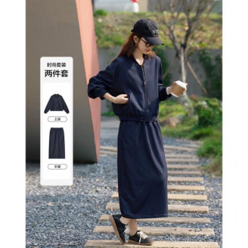 【刚柔并济】2026春简约棒球领落肩上衣松紧腰明线直筒半裙女式套装