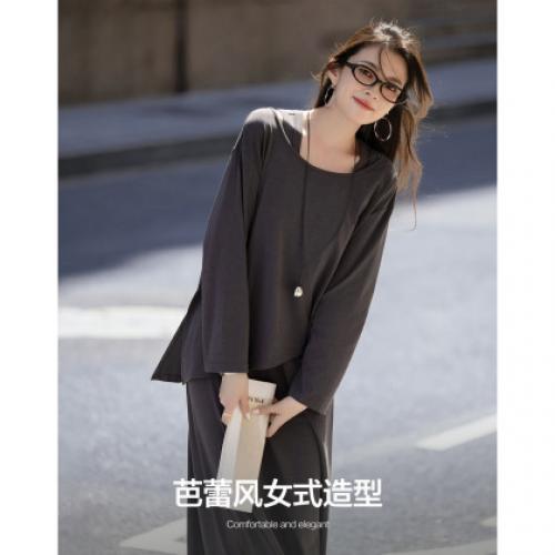 【温柔云氧棉】秋季气质不规则下摆上衣长款背带连衣裙套装两件套