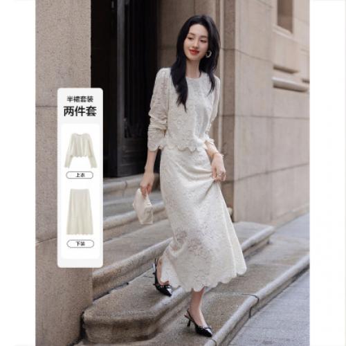 【法式淑女蕾丝套装】秋名媛风通勤圆领短款上衣开叉半身裙两件套