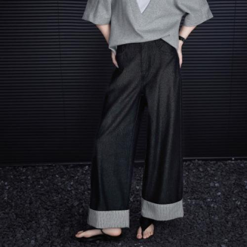 【云感棉混纺】2026春高腰直筒条纹拼接翻脚口小个子气质女式牛仔裤